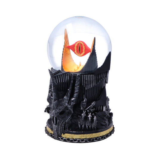Détails exquis de la boule à neige Sauron 18 cm, avec inscription sur l'Anneau Unique ornant la base et un design minutieux en résine.
