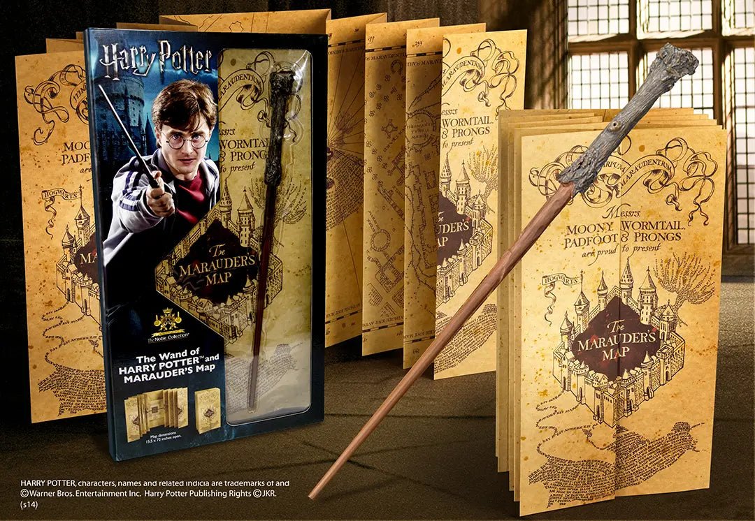 Baguette Harry Potter et carte du Maraudeur - Blister de Noble Collection, une réplique emblématique pour les fans de la saga magique.