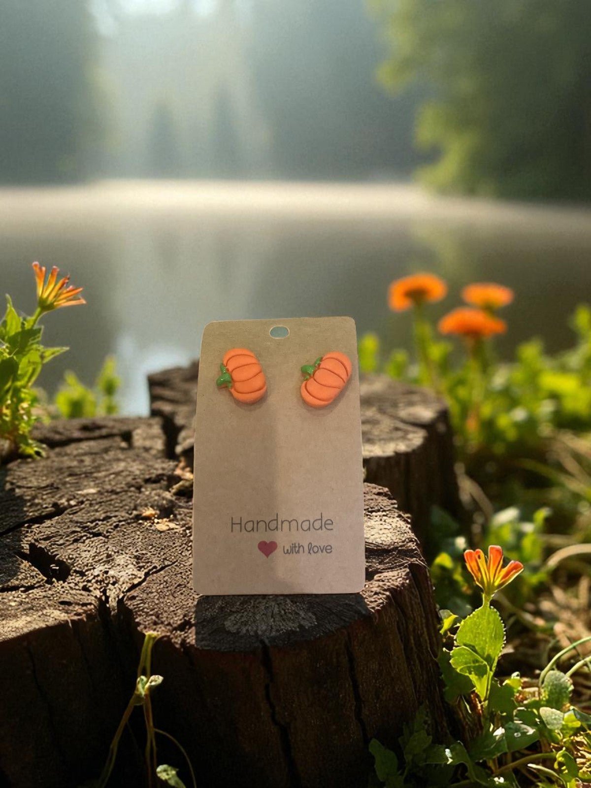 Boucle d'oreille citrouille ou fantôme faite main par Jessica Deelyah, idéale pour l'automne et Halloween, mettant en avant une tige vert éclatant et une citrouille orange vibrante.