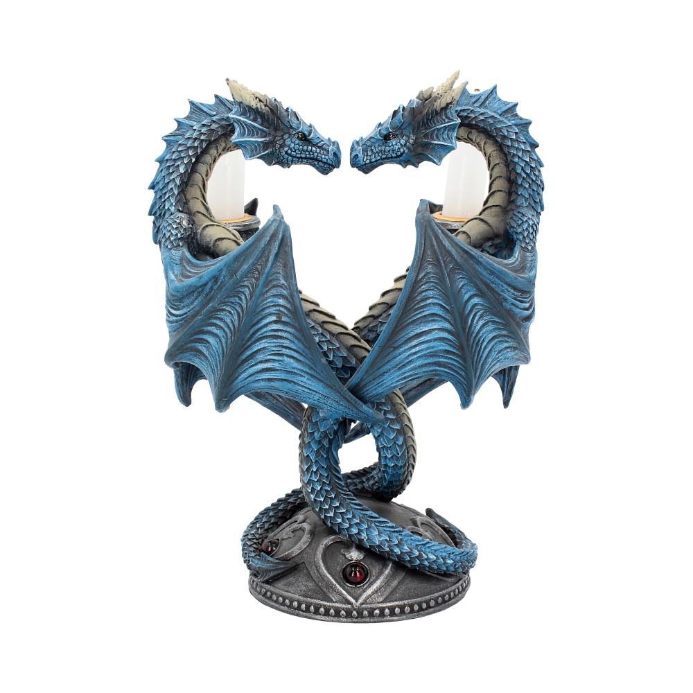 Bougeoir Cœur de dragon 23cm de Nemesis Now, une œuvre d'art en résine représentant deux dragons bleus formant un cœur, parfait pour ajouter une touche gothique et romantique à votre intérieur.