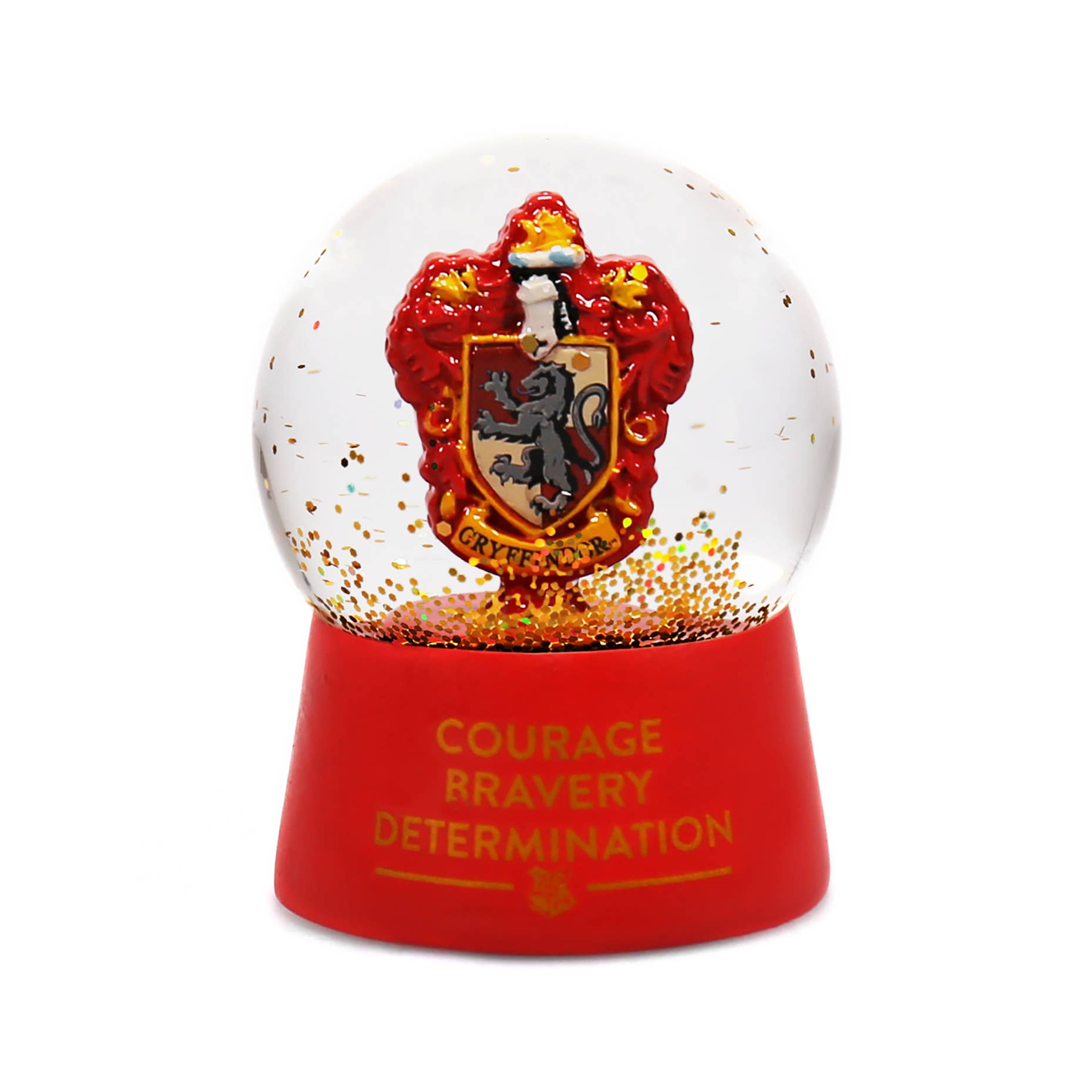Boule à neige Harry Potter Gryffondor en boîte de 45 mm par Half Moon Bay, captivant avec des paillettes dorées et les armoiries de la maison emblématique.