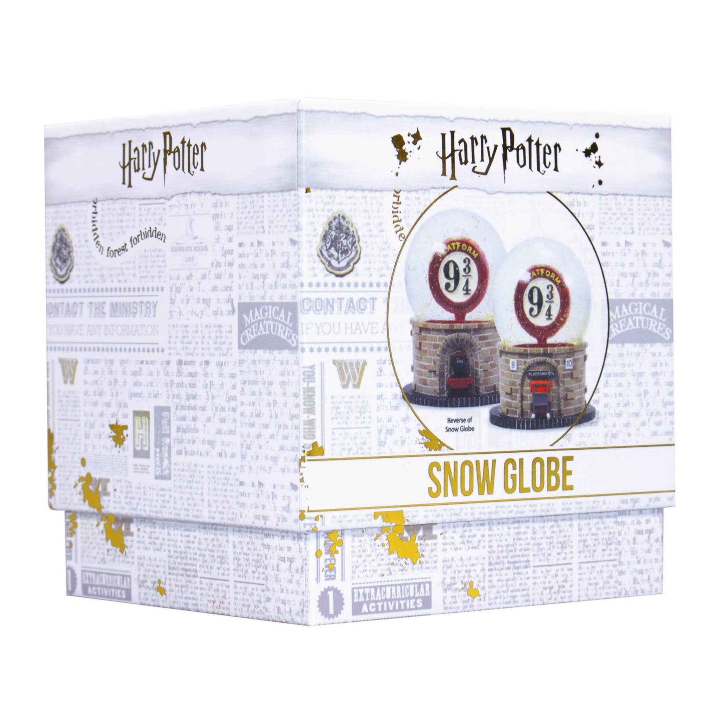 Boule à neige Harry Potter Plateforme 9 3/4 présentée dans sa boîte cadeau élégante par Half Moon Bay, parfaite comme objet décoratif ou cadeau enchanteur.