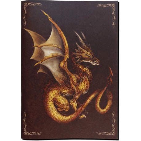 Carnet A6 HC - Dragon Or 2024 de Au Bord des Continents, avec une illustration captivante d'un dragon doré, symbolisant la créativité et le voyage à travers des mondes imaginaires.