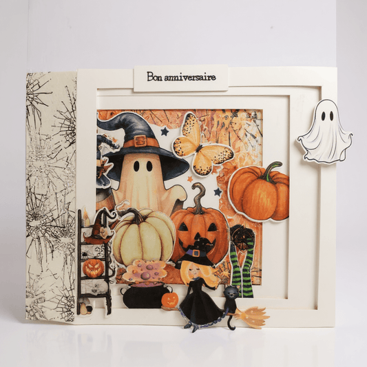 Carte Tunnel Halloween par La Carterie de Fanny, mettant en scène une ambiance féerique avec des citrouilles illuminées et des chauves-souris sur fond de clair de lune.