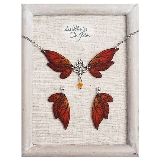 Collier Aldéra et boucles d'oreilles ailes de fée rouge