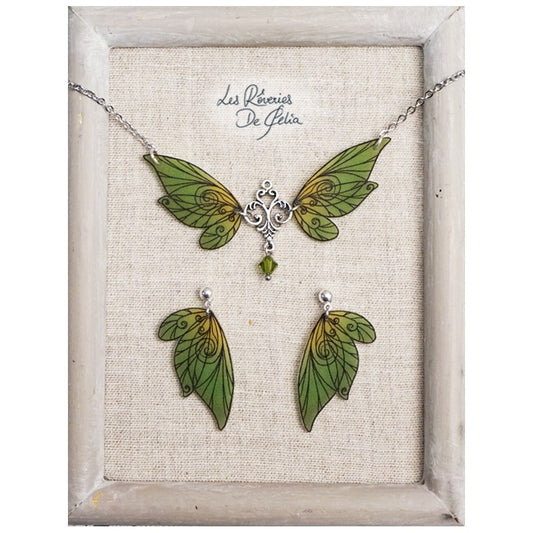 Collier Aldéra et boucles d'oreilles ailes de fée vert mat