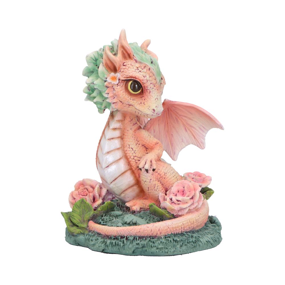 Figurine de Dragon fleur œillet 12cm, représentant un dragon printanier aux teintes roses et crème sur une base ornée d'œillets roses.