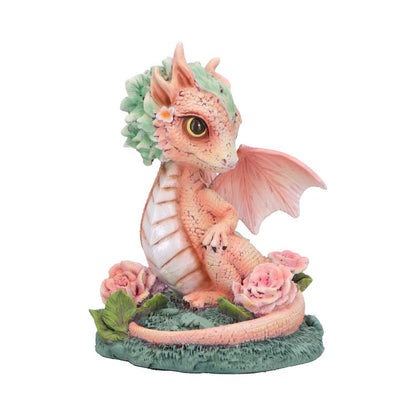Figurine de Dragon fleur œillet 12cm, représentant un dragon printanier aux teintes roses et crème sur une base ornée d'œillets roses.
