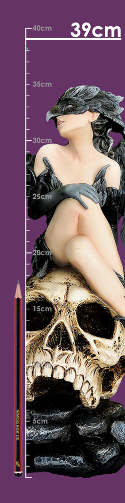 Fée Riven - Figurine gothique ailée assise sur un crâne, parfaite pour les amateurs de figurine dark fantasy.