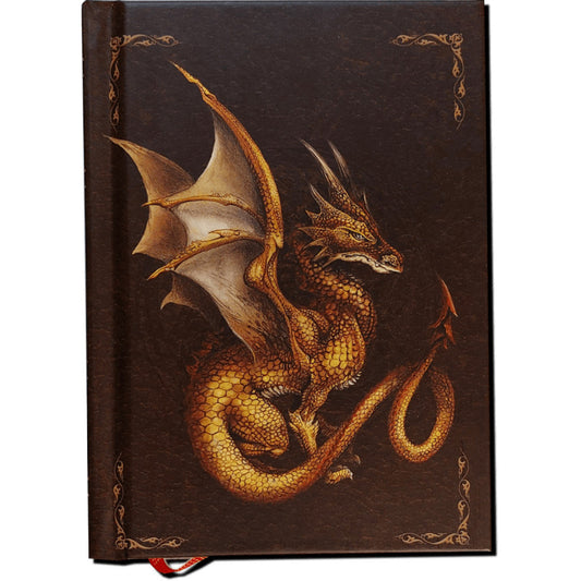 Couverture du Notebook Dragon A6 2024 illustrée par Séverine Pineaux, représentant un majestueux dragon d'or sur un fond coloré, parfait pour capturer vos pensées et inspirations fantastiques.