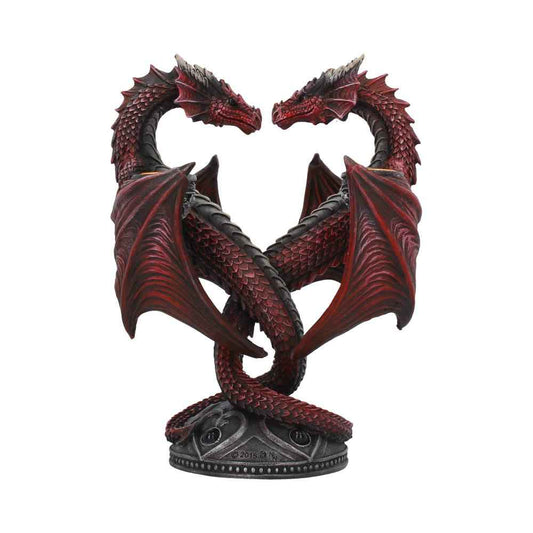Bougeoir romantique Dragon Heart d'Anne Stokes, créé par Nemesis Now, représentant deux dragons cramoisi se regardant amoureusement, parfait pour la Saint-Valentin.