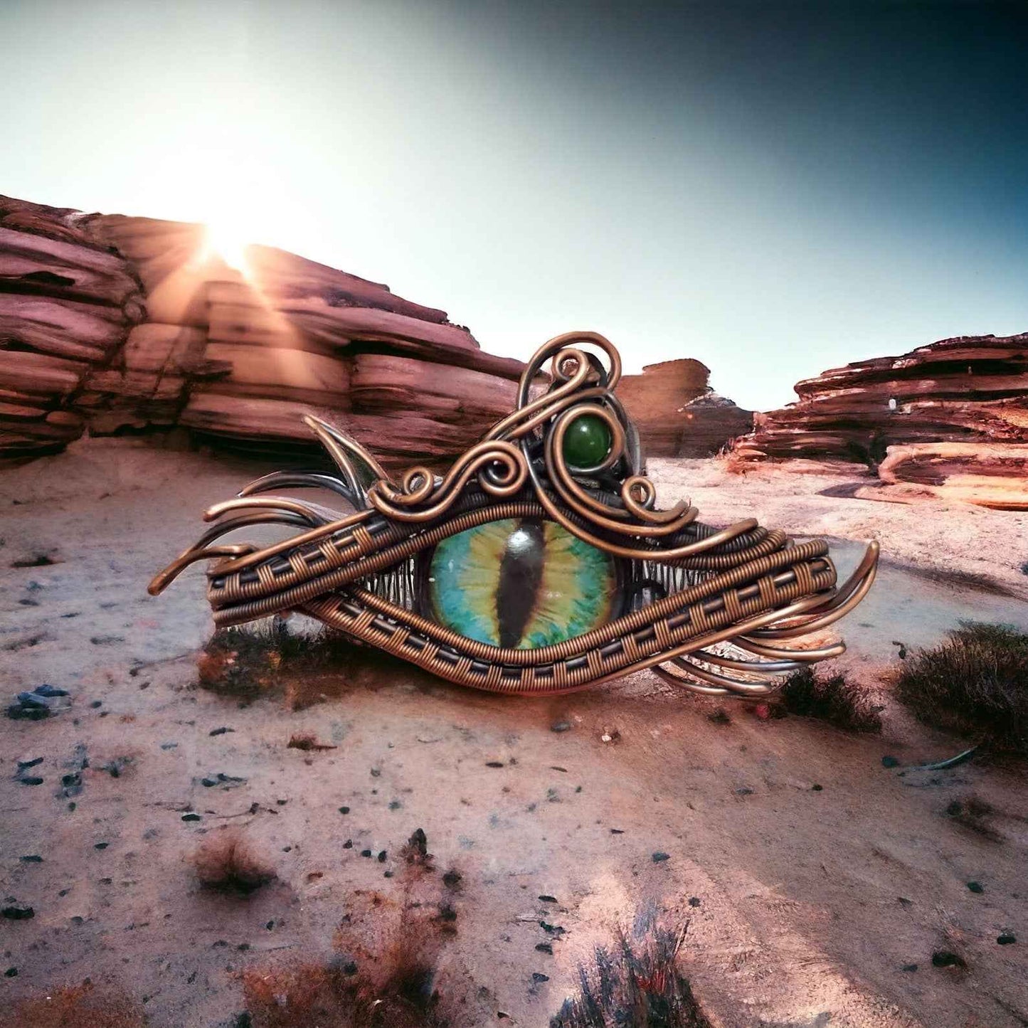 Eldrak, l’œil du dragon, un exquis collier d'amulette protectrice pour pierres précieuses, créé par Univers de Pégase sur Etsy, mettant en valeur un sertissage en cuivre et un cabochon en verre captivant.