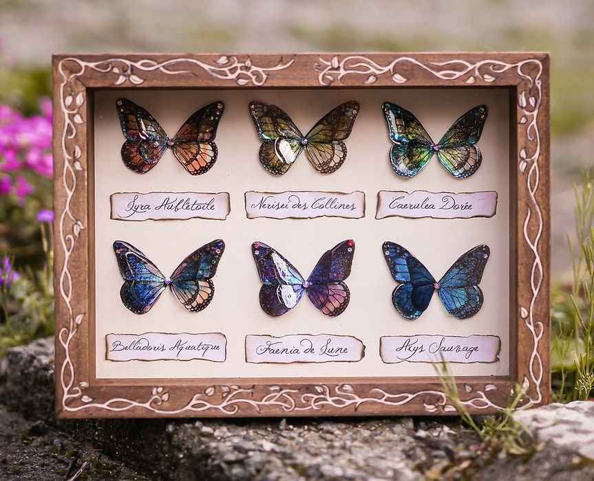 Vue artistique de l'Étude des Papillons Nocturnes de Faërie, capturant six papillons aux ailes ornées de strass Swarovski, présentée dans un cadre en bois naturel, créant une atmosphère féerique pour votre décoration intérieure.
