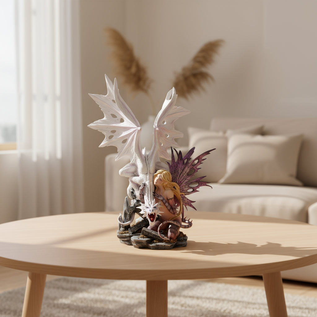 Figurine Fée Aarya et Gardien Dragon de 59 cm par Nemesis Now, mettant en scène une fée agenouillée sur des pièces d'or scintillantes, sous la protection d'un dragon blanc majestueux, symbole de magie et d'amitié.