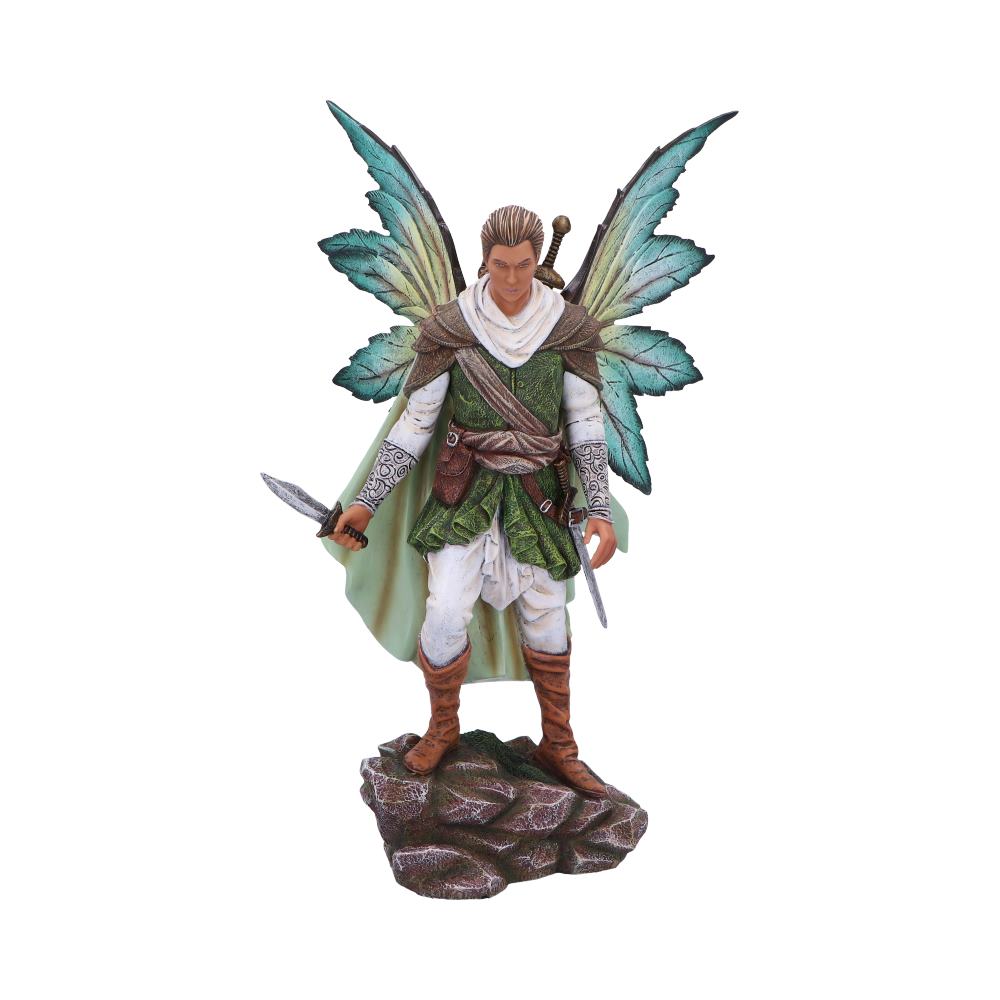 Figurine Fée Caspian 40cm de Nemesis Now, représentant un guerrier elfique élégant avec des ailes aux couleurs de la forêt, armé d'une épée et d'une dague, idéale pour les passionnés de fantasy et de nature.