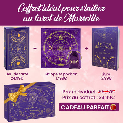 Illustration du livre explicatif du Coffret Tarot de Marseille de Vibratis, offrant des méthodes de tirage et des conseils sur l'interprétation des cartes.