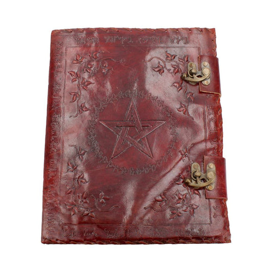 Grand livre d’ombre en cuir rouge de 35 cm par Nemesis Now, décoré d'un pentagramme embossé et de motifs floraux, idéal pour capturer la magie et les pensées secrètes.
