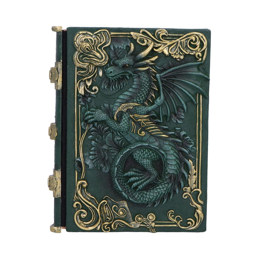 Grimoire du Dragon avec dragon en résine verte et épée ailée - produit par Nemesis Now.