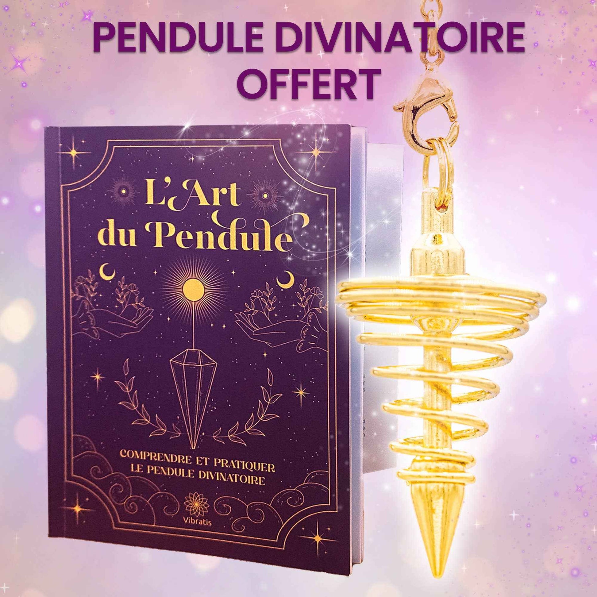 Guide d'initiation à la pratique du pendule par Vibratis, couvé par un design mystérieux et captivant.