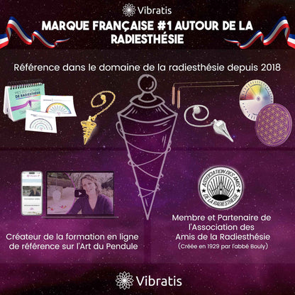 Couverture du guide "L'Art du Pendule" de Vibratis, contenant 68 pages d'enseignements pour maîtriser la radiesthésie et la divination.