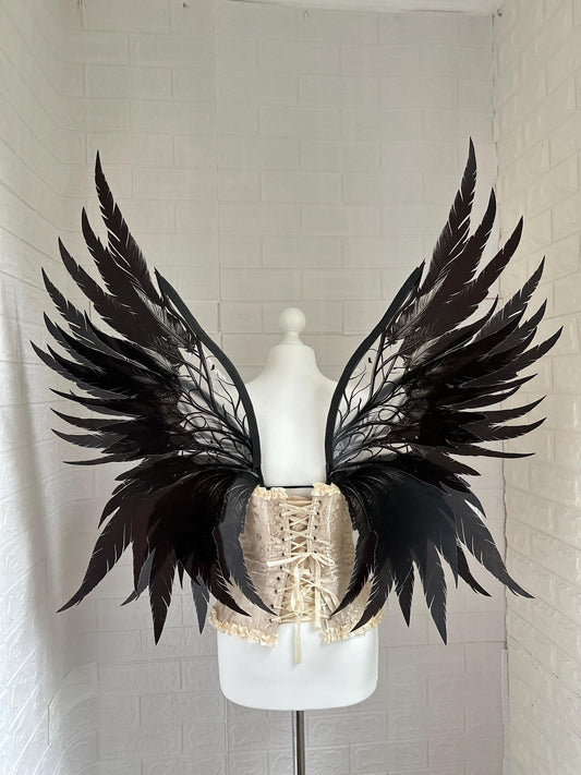 Ailes en plastique avec motif de plumes noires, ailes de fée noires, ailes de fée gothiques, ailes de fée pour adultes, ailes d’elfe