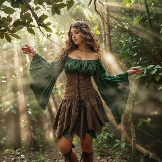 Robe courte elfique avec manches évasées et corset, grande taille, costume GN cosplay fée des forêts, tenue fantastique lutin, vêtements Renfaire médiévaux