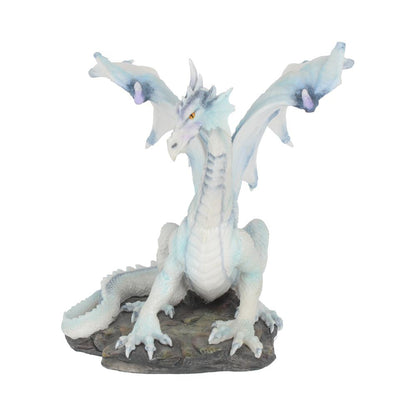 Vue latérale de la figurine de dragon blanc Grawlbane 20 cm, avec des ailes déployées et un regard perçant.