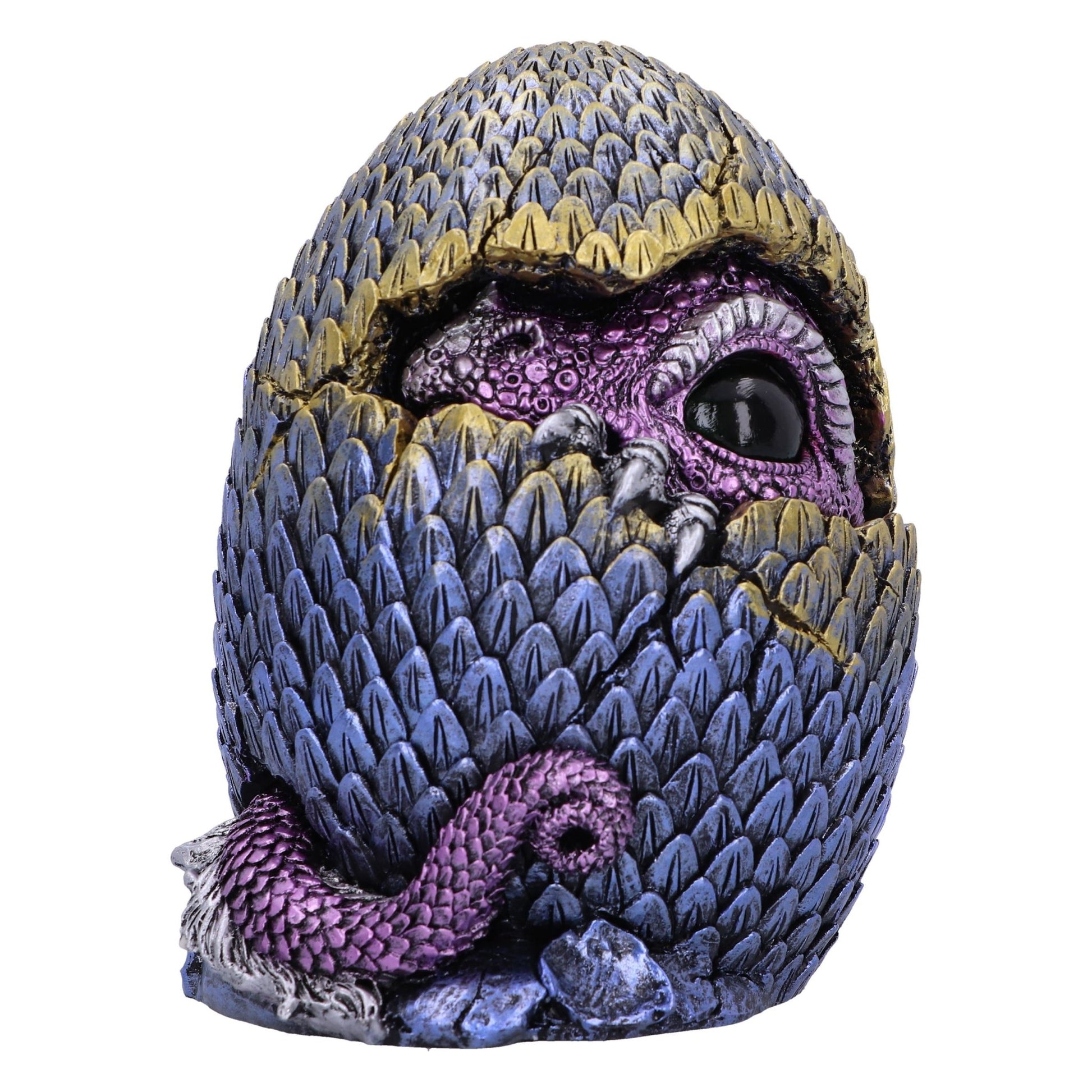 Œuf de dragon 15,2 cm de Nemesis Now, un chef-d'œuvre captivant avec un design violet métallisé émergeant d'une coquille aux nuances de bleu et d'or.