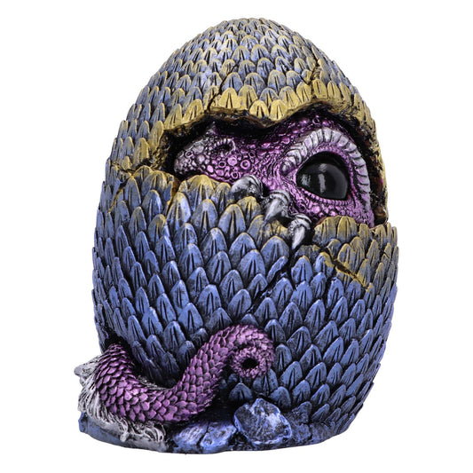 Œuf de dragon 15,2 cm de Nemesis Now, un chef-d'œuvre captivant avec un design violet métallisé émergeant d'une coquille aux nuances de bleu et d'or.