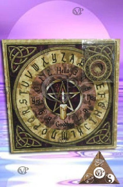 Planche Ouija décorée d'un pentagramme par GVP Philippe, mesurant 38 x 38 cm, parfaite pour la divination et les soirées mystiques.