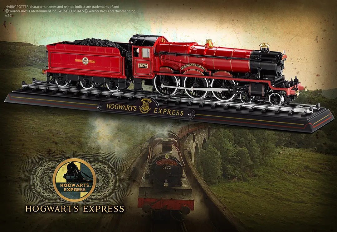 Modèle détaillé du Poudlard Express en métal moulé par Noble Collection, représentant le train emblématique de Harry Potter avec une finition rouge vive et des personnages célèbres.