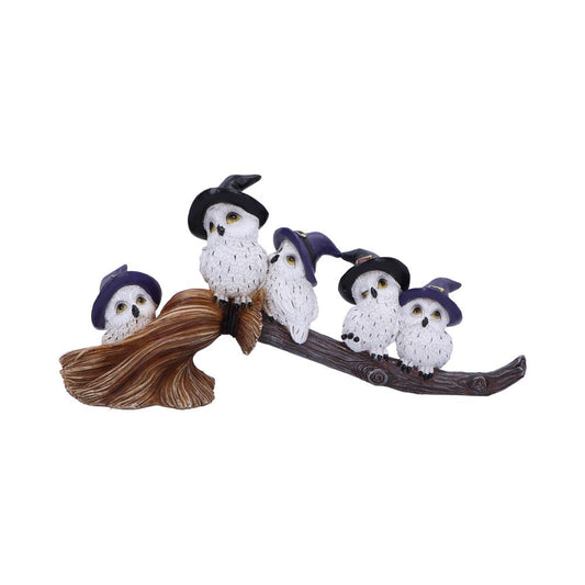 Figurine hiboux à plumes sur manche à balai 26cm