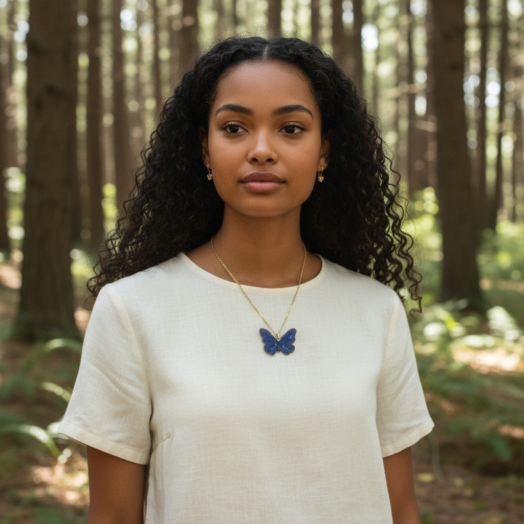 Vue détaillée du collier pendentif Papillon bleu nuit, illustrant l'artisanat de qualité et le design raffiné de Les Lubies Fleuries.
