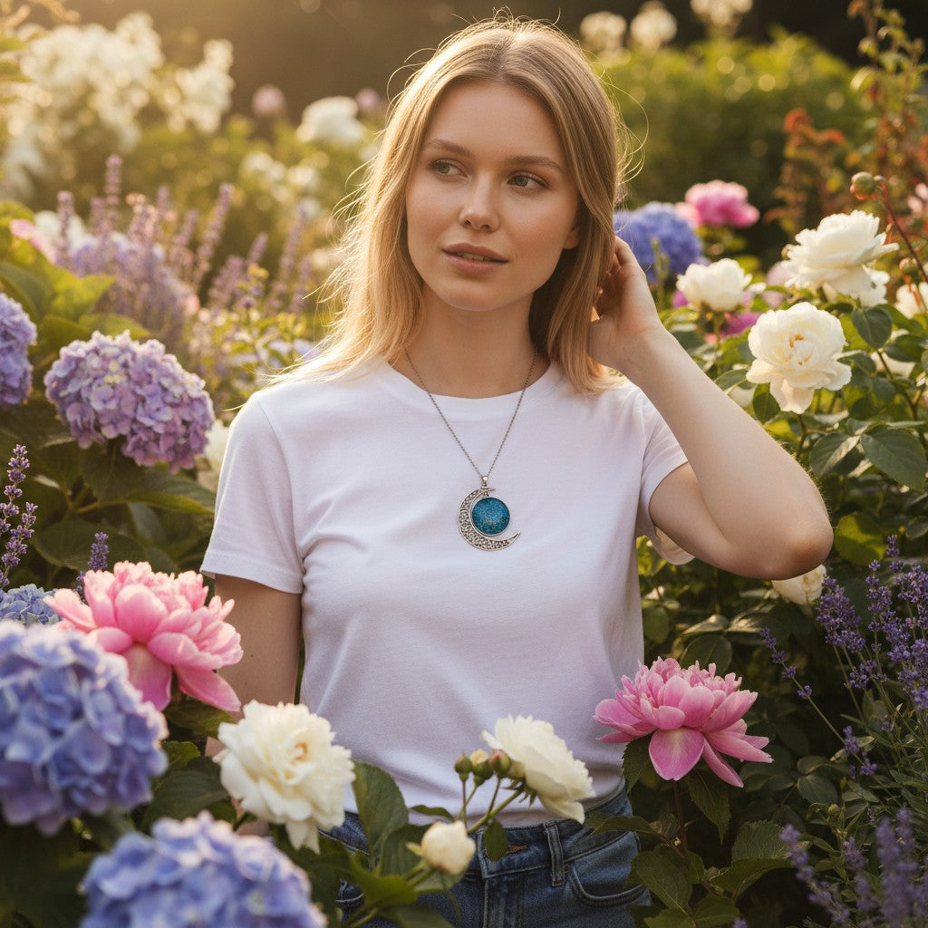 Détail du collier pendentif - Lune, illustrant l'artisanat authentique et la beauté unique de cette pièce faite à la main.