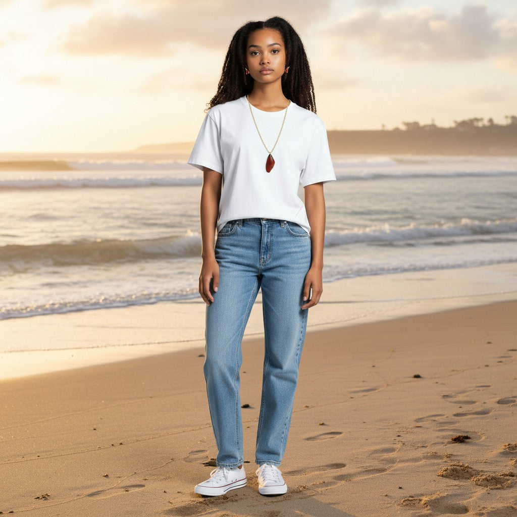 Modèle portant le collier pendentif Aile de fée, montrant comment cet accessoire unique complète un look stylé et original.