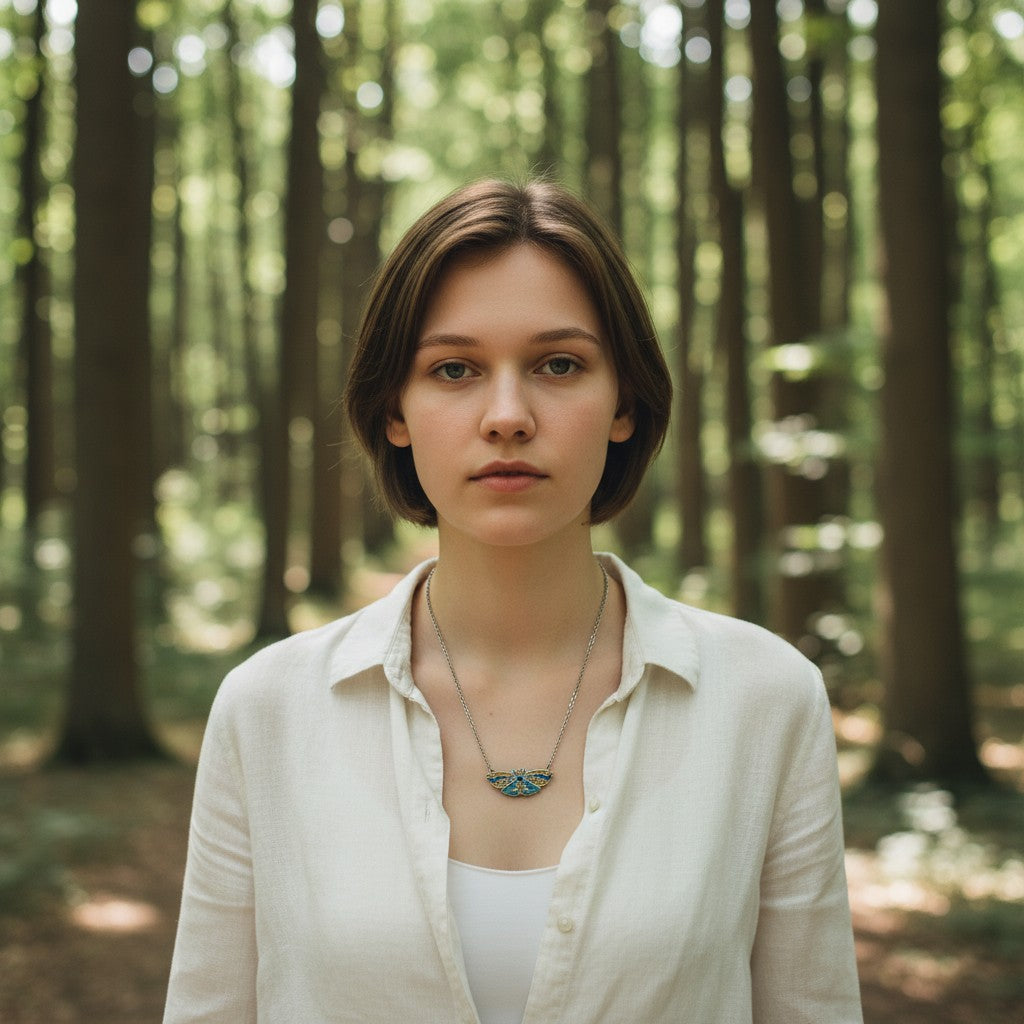 Détail du pendentif « Papillon Mystique des Lunes » - design unique avec deux petites lunes sur les ailes, symbole de magie et de mystère.