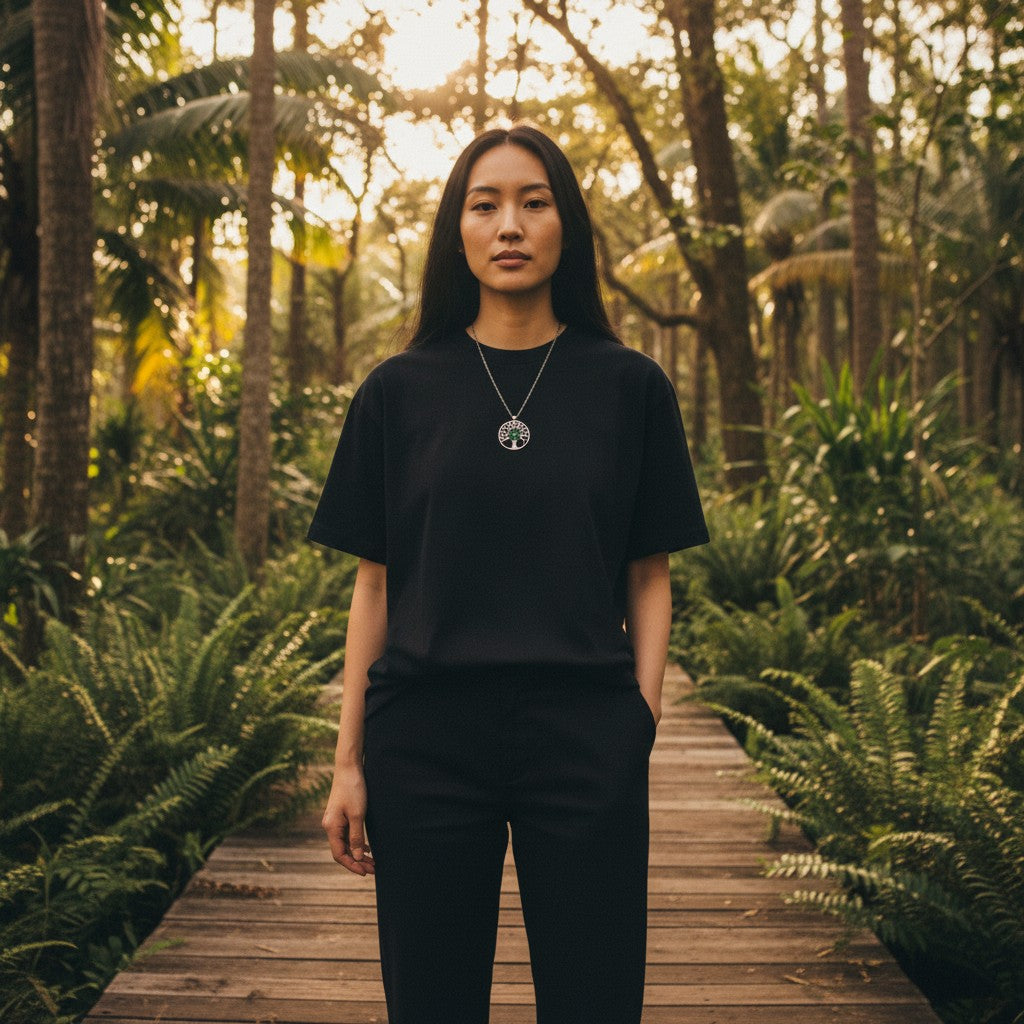 Détail du pendentif Arbre de vie, mettant en valeur les petites fleurs séchées, pièce unique faite main par Les Lubies Fleuries, parfait pour exprimer votre individualité.