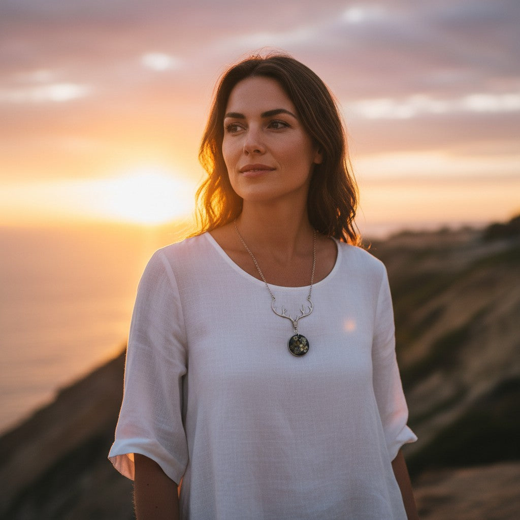 Collier Pendentif - Bois de Cerf Fleuri, design artisanal en acier inoxydable et bois de cerf, parfait pour un style naturel.