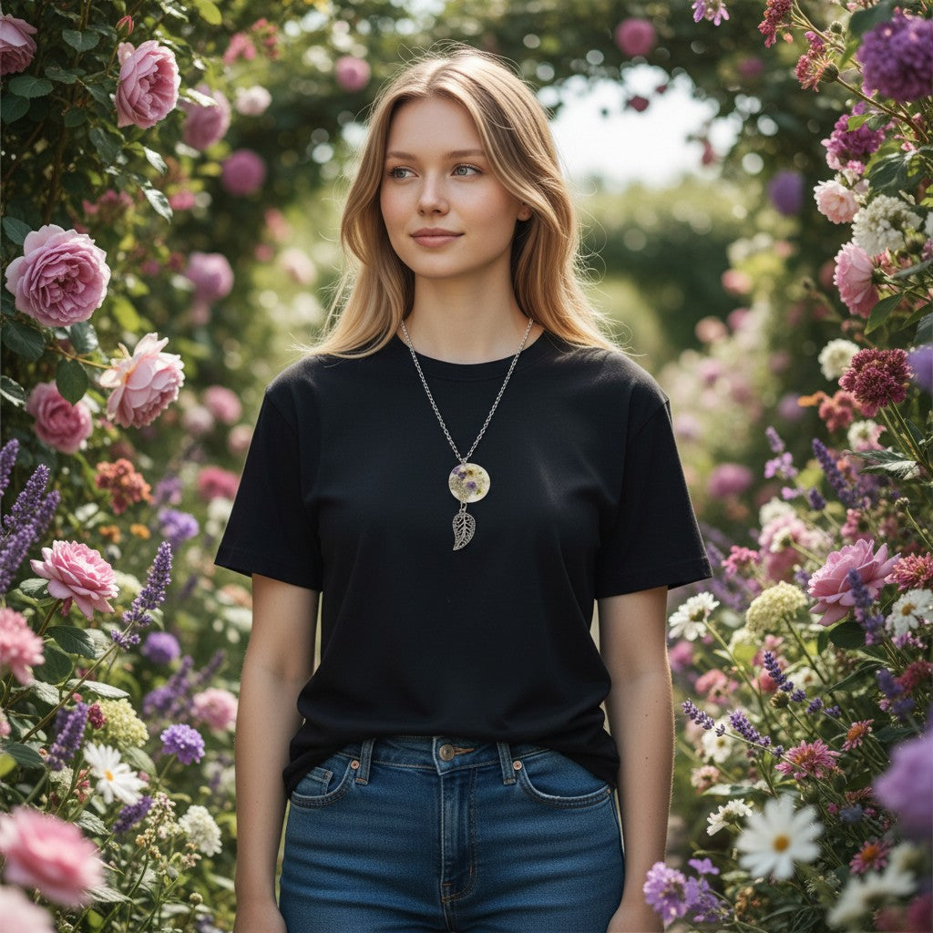 Vue rapprochée du Collier pendentif - Feuille des Jardins Secrets, mettant en avant la délicatesse des détails floraux et la feuille argentée ciselée.