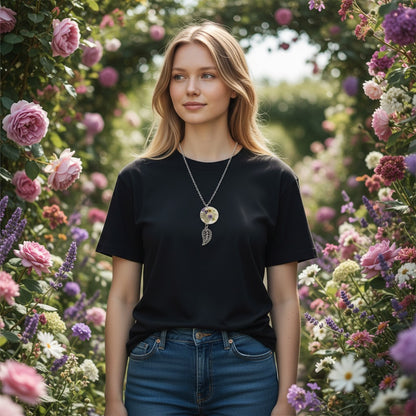 Vue rapprochée du Collier pendentif - Feuille des Jardins Secrets, mettant en avant la délicatesse des détails floraux et la feuille argentée ciselée.