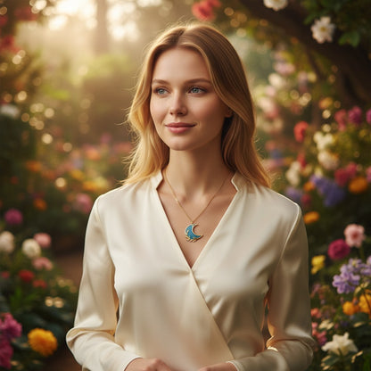 Collier pendentif - Lune en acier inoxydable argenté avec cabochon scintillant, représentant l'élégance et le mystère du cosmos.